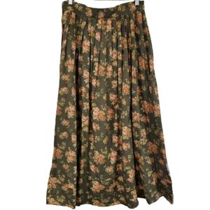 Ralph Lauren Olive Green Floral A-Line Maxi Skirt with Pink Roses